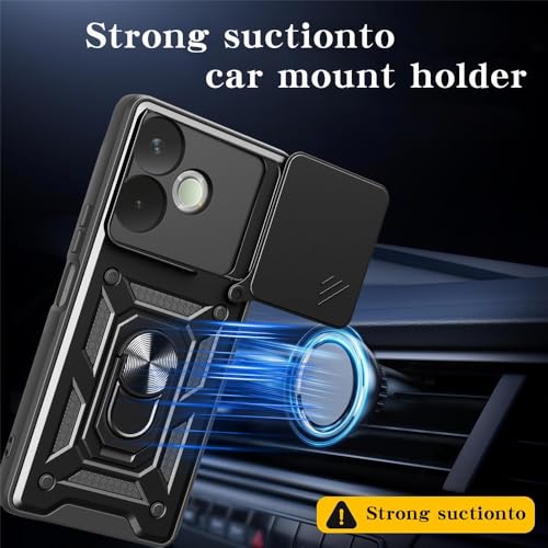 Image of Casodon Heavy Duty Back Case Cover for Oppo A5 Pro 5G, Shockproof Oppo A5 Pro Back Cover, Ring Case with Kickstand and Camera Protection Shutter - Black