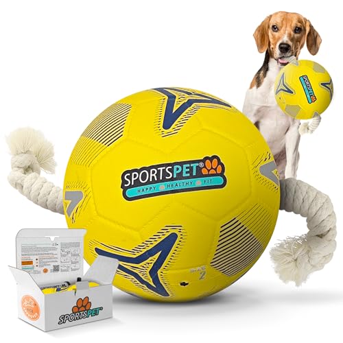 Image of SPORTSPET Tug Rope Dog Football, Durable Interactive Dog Ball Toy for Tug of War & Fetch, Tough Outdoor Dog Toy for Medium & Large Dogs, Dog Birthday Gift (Yellow - Medium)