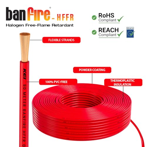 Image of KEI BANFIRE- HFFR 2.5 sqmm 1 Core 99.97% Pure Copper Conductor Heat Resistant Flame Retardant Low Smoke & Halogen - Lead Less House Wire for Domestic & Industrial Electrical Wiring (Red,90 Meters)