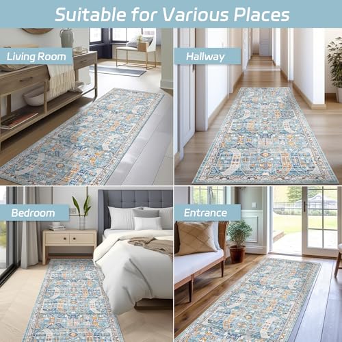 Madane Hallway Runner Rug 2x12, Extra Long Washable Runner Rugs with Rubber Backing, Non Slip Carpet Runner for Hallway, Vintage Rug Runners for Kitchen Laundry Room Entryway (Blue/Gold, 2'x12')