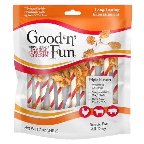 GOOD N FUN Triple Flavor Double Pops Treats for Dogs Long-Lasting Chews Made with Real Chicken Beef Hide and Pork Hide 12 oz