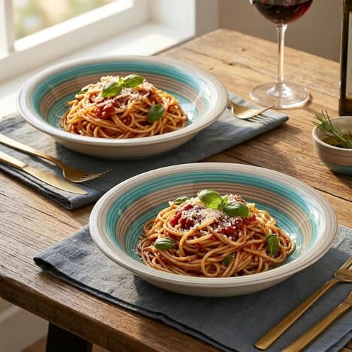Image of Pasta Bowl Set of 2 | 7 Inch, Deep Soup & Salad Serving Plates | Microwave & Dishwasher Safe Big Bowl | Stylish Kitchen Tableware for Pasta, Soup & Everyday Dining (2, Turquoise-Grey)