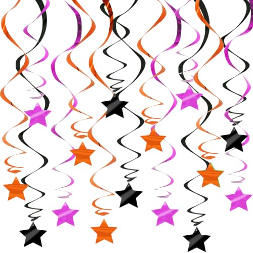 Image of BEISHID Black Purple Orange Stars Hanging Swirls Pre-Strung Hallowen Hanging Decorations for Halloween Birthday Party Baby Shower Decorations Supplies,Pack of 15