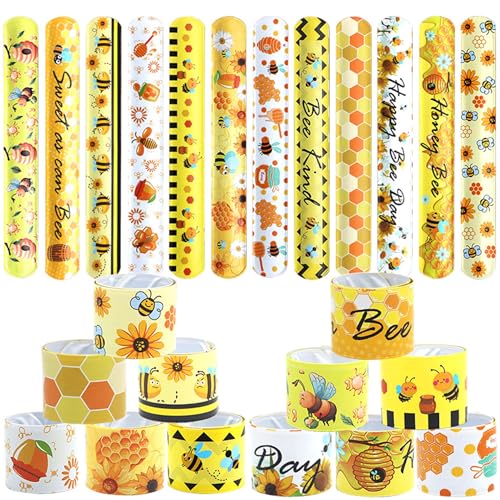Qpout 48pcs Bee Slap Bracelets Honeycomb Wristbands Assorted Color Bee Theme Party Favors Sunflower Wristband Honeybee Yellow Bee Birthday Slap Bands Baby Shower for Classroom Prizes
