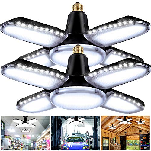 Top Rated Jior 2 Pack LED Garage Lights,150W Solar Garage Light,13600 Lumen Daylight Deformable Garage Ceiling Lights Fixtures with 4 Adjustable Panels LED Shop Lights for Garage, Warehouse, Basement, Barn