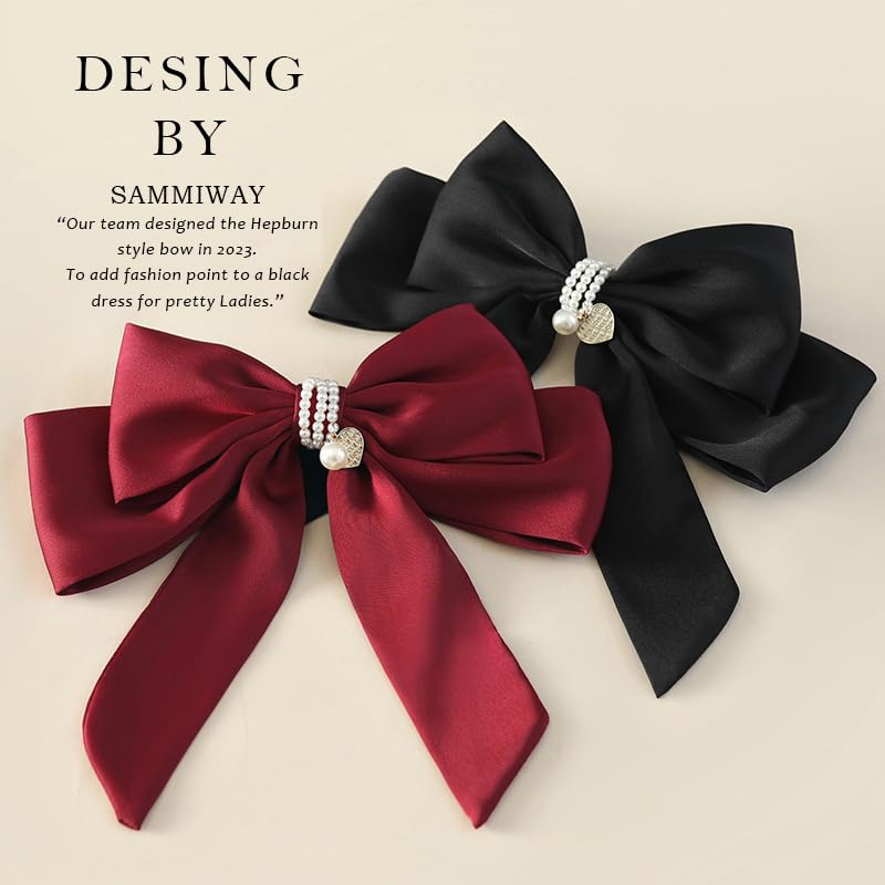 Miniatura 3 de 2 pasadores de pelo con lazo sedoso, clips de metal estilo francés con perlas y decoraciones de aleación de corazón para mujeres y niñas, accesorios