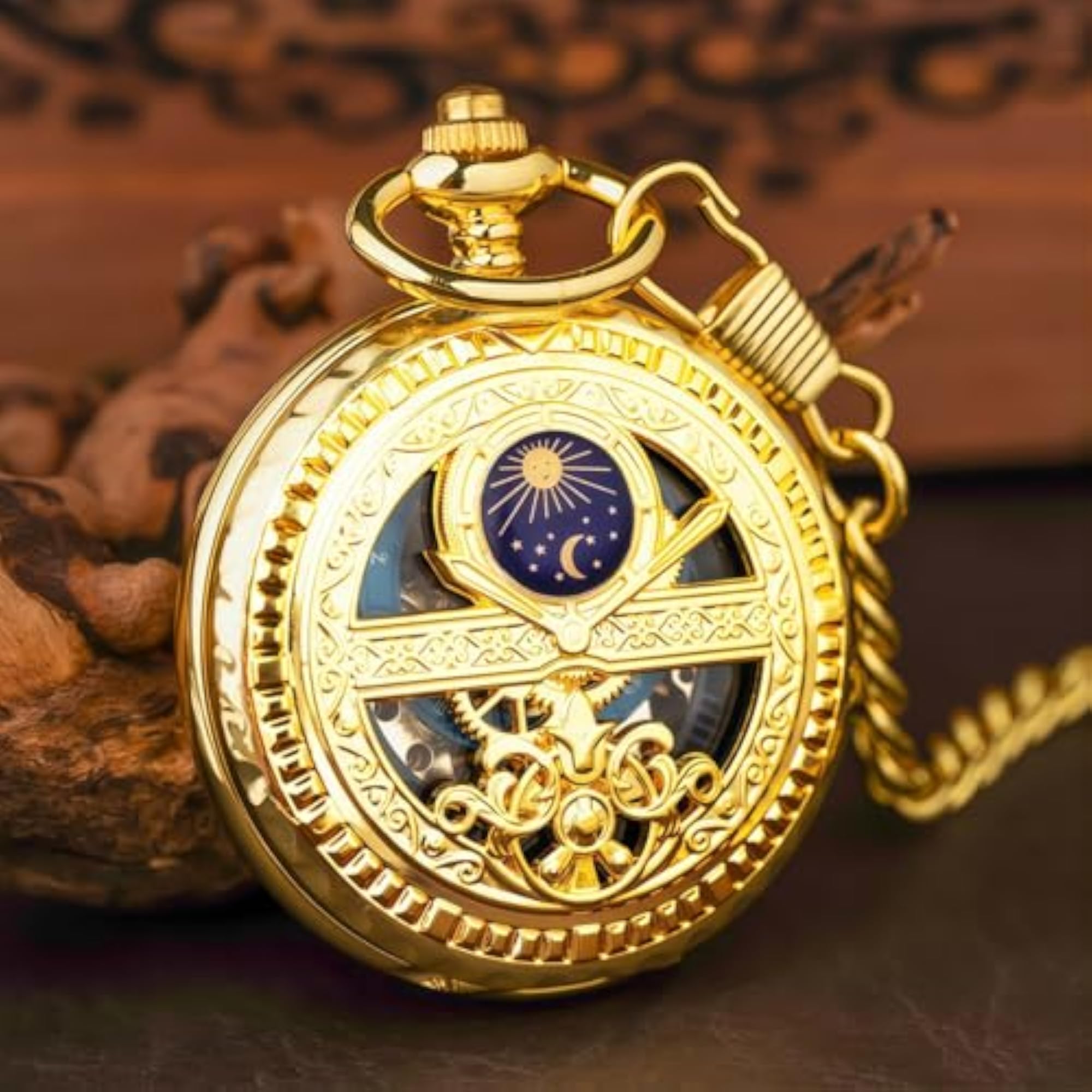 Men's Black Gold Skeleton Pocket Watch with Chain, Punk Style