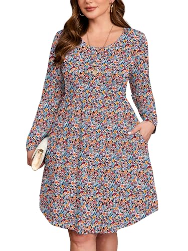 Image of AusLook Women's Plus Size Long Sleeve Midi Dress Casual Empire Waist Loose Flowy Dresses A-Line Boho Long Dress with Pockets