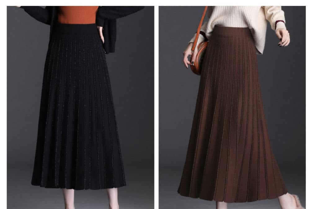 Röcke,Damen Midirock Braun Elastische Hohe Taille Glitzernder Faltenrock Vintage A-Linie Swing Geraffte Herbst Winter Elegante Lange Röcke Für Mädchen Damen,S
