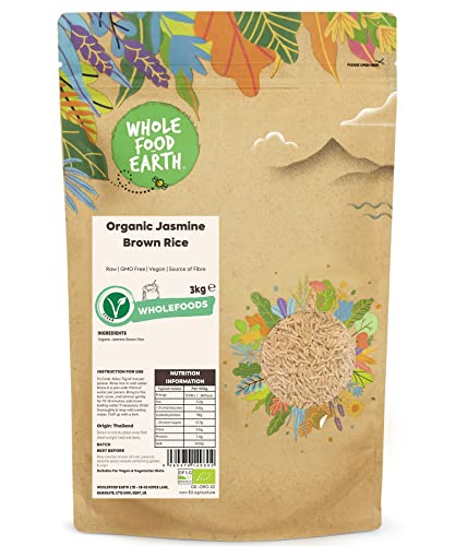 Wholefood Earth - Arroz jazmín integral ecológico, 3 kg, crudo, sin transgénicos, vegano, fuente de fibra, con certificación ecológica