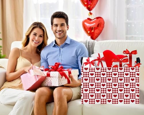 Image of Large Valentine's Day Basket Heart Shaped Storage Bin for Gifts Collapsible Organizer Room Decor (Grid Love)