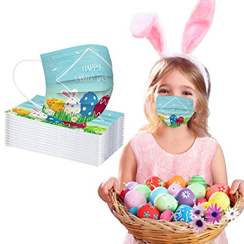 30PC Kids Easter Disposable_Face_Mask 3 Ply for Boys & Girls Easter Rabbit Eggs Theme Printed Face_Covering,Breathable Safety Protective Bandanas