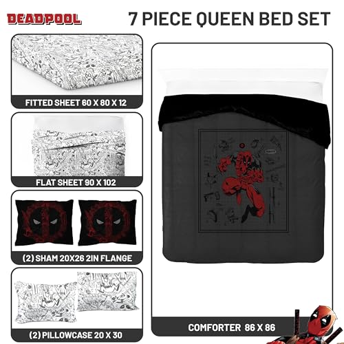 Image of Marvel Deadpool Queen Comforter Set 7 Piece Bedding for Boys, Gray | Bed in a Bag, Comforter Sheets Shams Pillowcases, Official Product, Soft Microfiber, Machine Washable, Boys Gift
