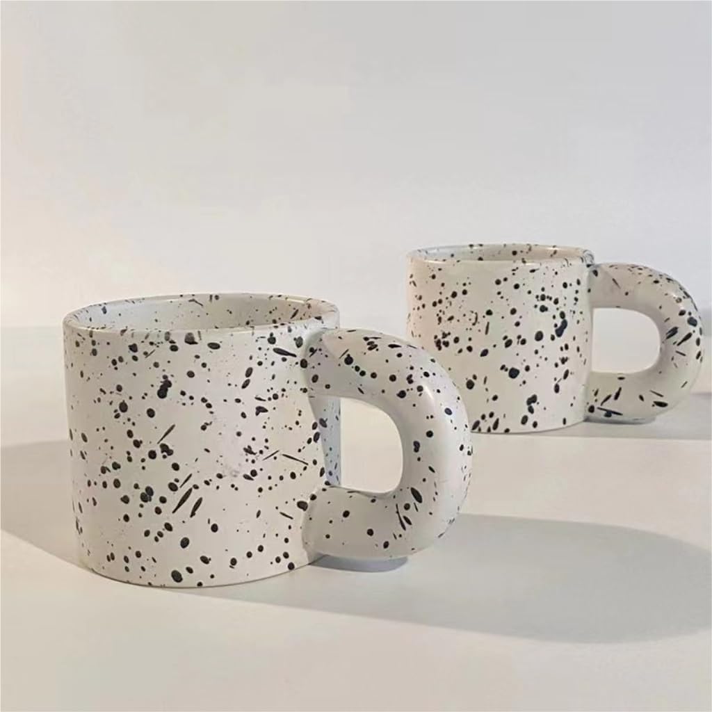 Coffee Mug Fat Cup Korean Ins Household Water Cup Ink Splash Breakfast Milk Oatmeal Cup Ceramic Cup Simple Spot Mug Tea Set(White)