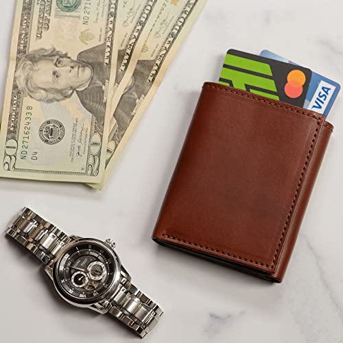 Premium Full Grain Bridle Leather Men’s Trifold Wallet With ID Window – Medium Brown - Made in USA3