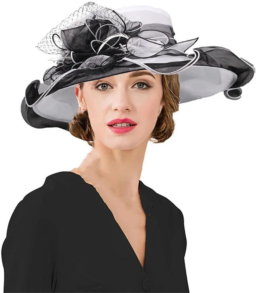Women Flower Feather Wedding Church Cocktail Party Ruffles Brim Fascinator Cap