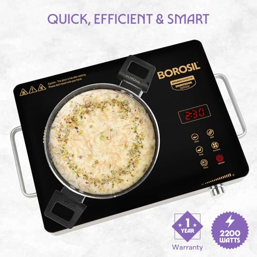 Image of Borosil 2200W Smart Kook Infrared Induction | Digital Display with Touch Buttons | Glass Crystallite Plate | 8 Preset Modes | Auto Cooling Fan | 1 Year Warranty | Made in India
