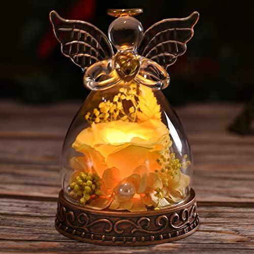 Aastin Mom Grandma Rose Gifts on Mother's Day, Angel Gifts for Women, Preserved Real Rose in Glass Angel Figurine with LED Light on Valentine's Day Anniversary Birthday Thanksgiving Christmas (Yellow)