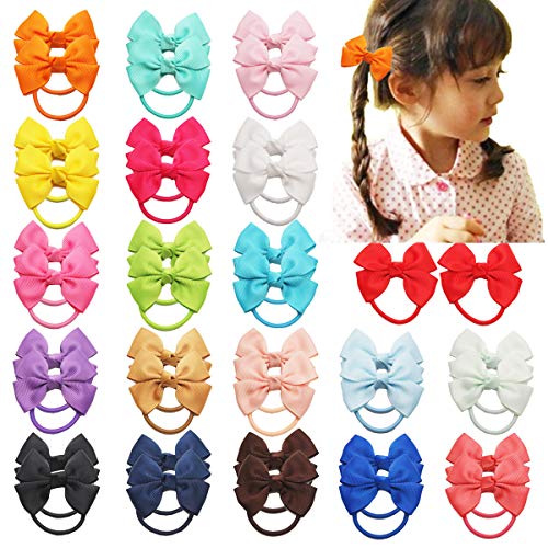 40 Pcs/20Pair Baby Girls Elastic Hair Ties Grosgrain Ribbon Bows with Ties Kids Children Rubber Bands Ponytail Holders for Girls Teens Toddlers