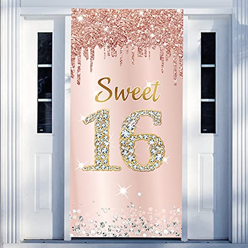 Image of Sweet 16 Birthday Door Banner Backdrop Decorations for Girls, Pink Rose Gold Happy 16th Birthday Party Door Cover Sign Supplies, Sixteen Year Old Birthday Poster Photo Booth Props Decor