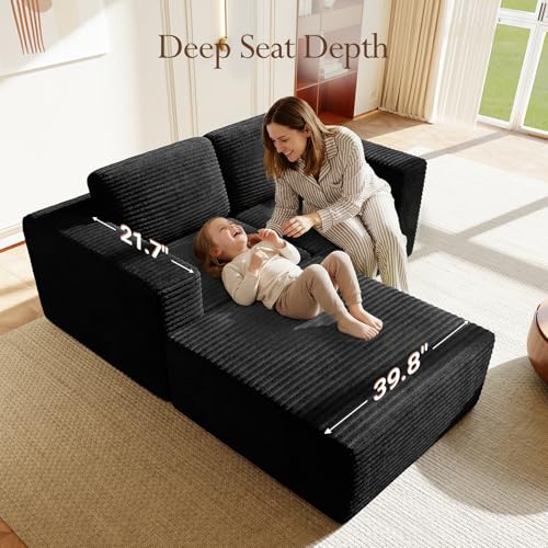 Image of Vesgantti 80 inch Modular Sectional Sofa, Corduroy Cloud Couch with Deep Seats & Spring Support, Compact 2 Seater Boneless Couch, L-Shaped Modular Sofa for Small Spaces, Apartments, No Assembly, Black