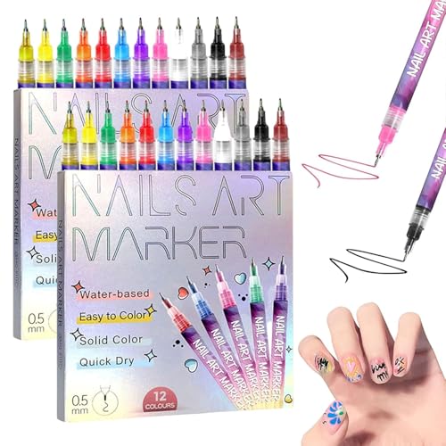 12 Colors Nail Art Pens Set, Nail Art Markers Polish Pen for 3D Nail Art, Drawing Painting Liner Brush for DIY Nail Art Beauty Adorn Manicure Tool (24 colors)