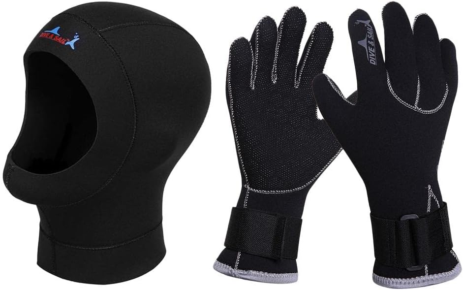 3MM Neoprene Diving Hood Gloves Set Warmth & ion, Snorkeling Scuba Dive Wetsuit Hat Gloves Combo for Men Women Surfing Watersports - M