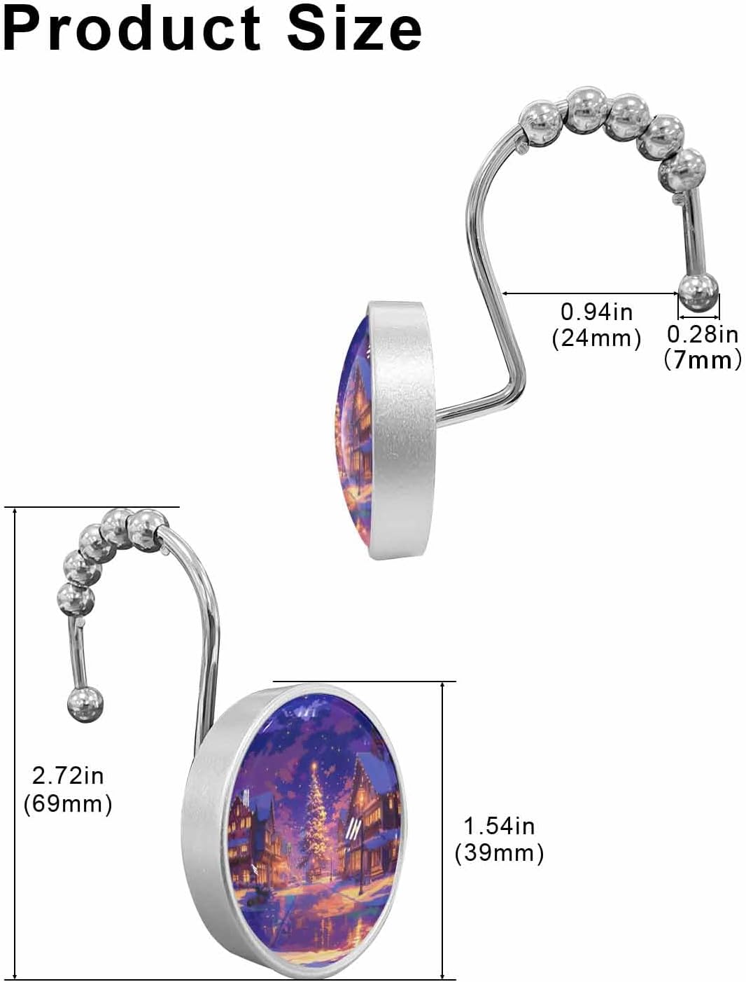 Shower Curtain Hooks 12 Pcs Blue Christmas Watercolor City Pattern Stainless Steel Rust Proof Rolling Shower Curtain Rings, Decorative Shower Curtain Hooks Hangers for Bathroom