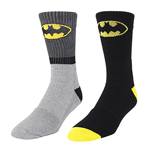 DC Comics Batman Logo 2 Pair Mens Athletic Crew Socks Gray Stripe & Black Shoe Size 6-12