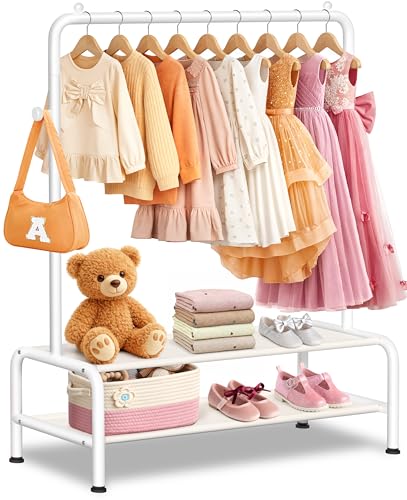 Kids Clothing Rack - Dress Up Clothes Rack - Baby Toddler Closet - Mini Freestanding Coat Racks with 2 Fabric Shelves - Small Kids Costume Wardrobe - Garment Rack for Hanging Clothes Organizer