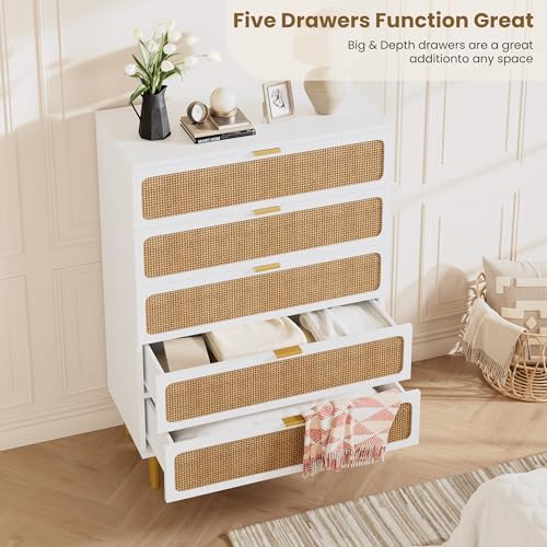 GarveeHome Rattan 5 Drawer Dressers for Bedroom, Tall Dresser with Deep Drawers, Large Chest of Drawers for Closet with Wide Top, Long Wooden Dresser for Living Room, Hallway, Kids Room, White