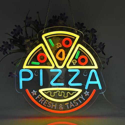Image of Pizza Neon Sign, Neon Lights Hanging Wall Art Decoration for Restaturant Shop Bar Market Bakeries Cafe Celebration Home Decor, USB Powered Ultra Bright Dimmable,12.6x12.6inches