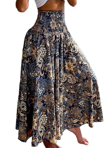 CHICME Boho Floral Shirred High Waisted Wide Leg Pants Flowy Palazzo Pants Summer Beach Vacation Wear-bl-L A-Blue