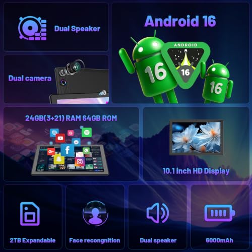 Image of Gleeso Tablet, Android 16 Tablet 10 Inch, 24GB+64GB+2TB TF, 6000mAh Battery, Dual Camera, Widevine L1, Face ID, WiFi 6, BT 5.4, 2-in-1 Tablets with Keyboard Mouse Pen Protective Case