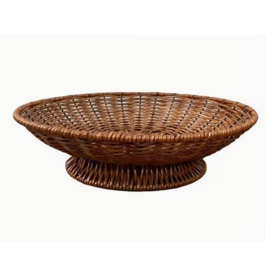 PAUL SONS Handwoven Rattan Fruit Bowl, Round Wicker Basket, Brown, 28cm Diameter x 7.5cm Height, Multi-purpose Snack Bread Vegetable Basket, Home Organization And Storage For Kitchen Living Room