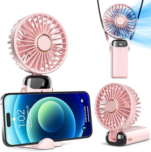 Image of Mini Portable Fan | Rechargeable USB Handheld Fan | 5-Speed Adjustable, Handheld Cooling Fan for Home, Office, Car, and Travel | Compact & Lightweight Design | 90 Foldable Desk Fan with Base (Pink)