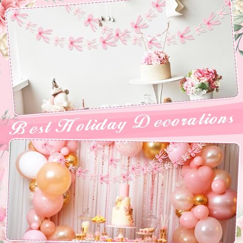 Image of Yeaqee 4 Pcs Pink Bow Hanging Garland Banner, 3D Pink Bow Banner Party Decorations for Coquette Bachelorette Party, Coquette Birthday Decor, Baby Shower, Bridal Shower, Bowtie Decor