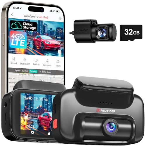 REDTIGER 4G LTE Dash Cam Front and Rear,Remote Live Stream, 30-Day Cloud Storage, 2.5K + 1080P, Emergency Alert, GPS, Built-in SIM (AT&T), Parking Monitor, 32GB Card & Hardwire Kit Included (VS10)