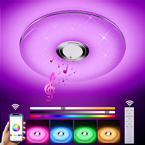WAYRANK LED Deckenleuchte Dimmbar mit Bluetooth Lautsprecher, 36W 3600LM RGB Farbwechsel Lampen Deckenlampe mit 2.4G Fernbedienung und APP-Steuerung für Schlafzimmer Wohnzimmer Cover