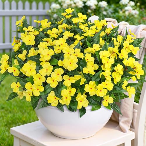 Image of Bassion 6 Bundles Artificial Flowers for Outdoors Fake Impatiens, Yellow | UV resistant, silk flowers, no fade realistic faux plants, outside patio garden porch planters window box balcony home decor