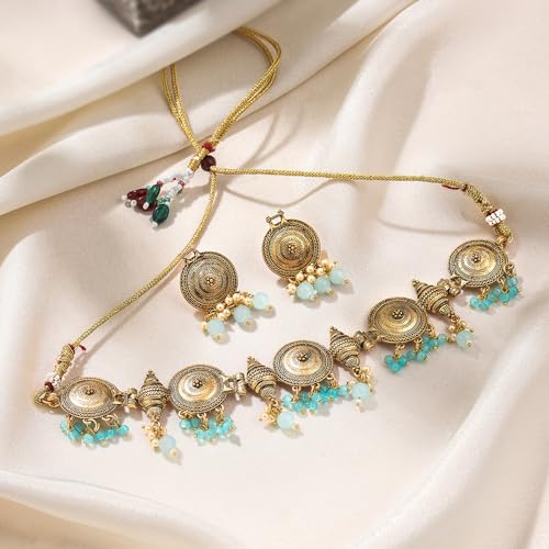 Image of Yellow Chimes Jewellery Set for Women Traditional Gold Plated Choker Necklace Set For Women I Eternal Classics | Ethnic Style Blue Beads Choker Set I Birthday Anniversary Gift for Women Wife