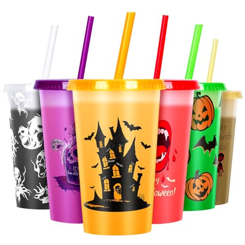 Dasfie 6 Pack Halloween Color Changing Cups with Lids and Straws 12oz Plastic Hallowee n Tumblers Set Hallowe en Bulk Party Cups Reusable Cups with Lids and Straws for Halloween Party Favors (12oz)