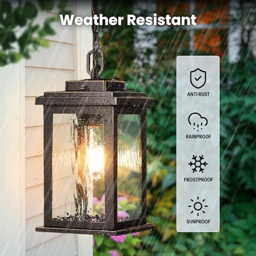 Image of Gleamz Dusk to Dawn Outdoor Pendant Light with Adjustable Chain, Bronze | Oil Rubbed Bronze(Gold Trim), Aluminum Hanging Porch Light , Outdoor Chandelier for Porch, Driveway, Patio, Easy Installation