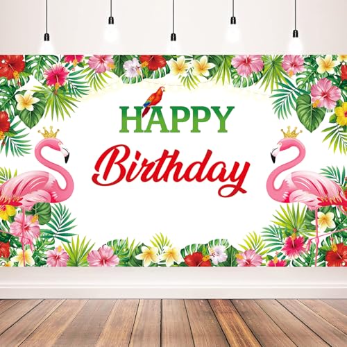 Flamingo Birthday Backdrop, Tropical Floral Flamingo Birthday Banner for Flamingo Party Decorations, Luau Bday Backdrop for Hawaiian Party Decorations, 71x43 inch (White) - image 1