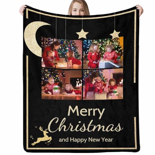 D-Story Custom Blanket with Photos Text, Personalized Picture Blankets, Customized Merry Christmas Throw Blanket for Family, Dad, Mom, Kids, Gifts for Birthday Christmas