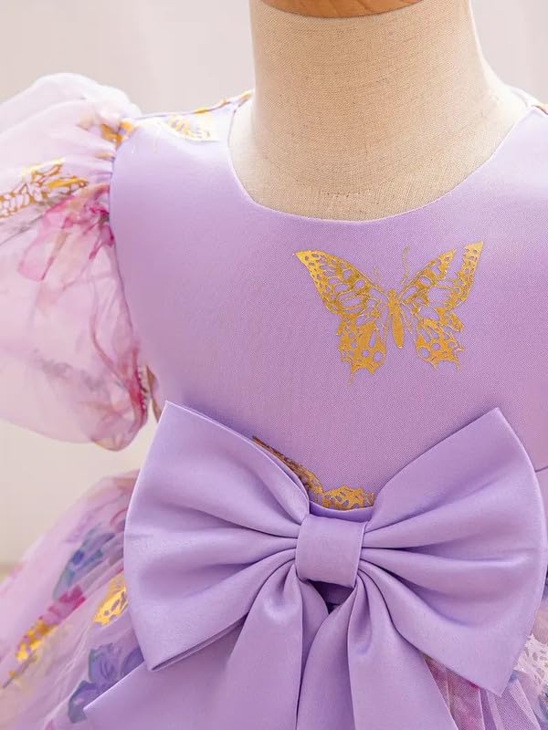 Image of Niren Enterprise Baby Girls Fit And Flare Knee Length Gold Foil Butterfly Puff Sleeve Bowknot Princess Gown Dress for Special Occasions