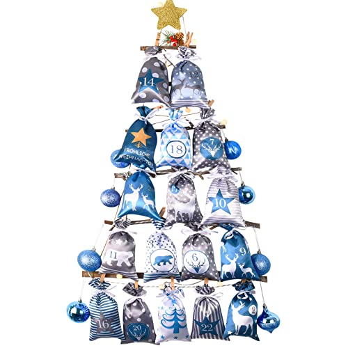PANSIBY Advent Calendar for Filling Self-Filling Christmas Calendar to Hang with Blue Grey Fabric Bags