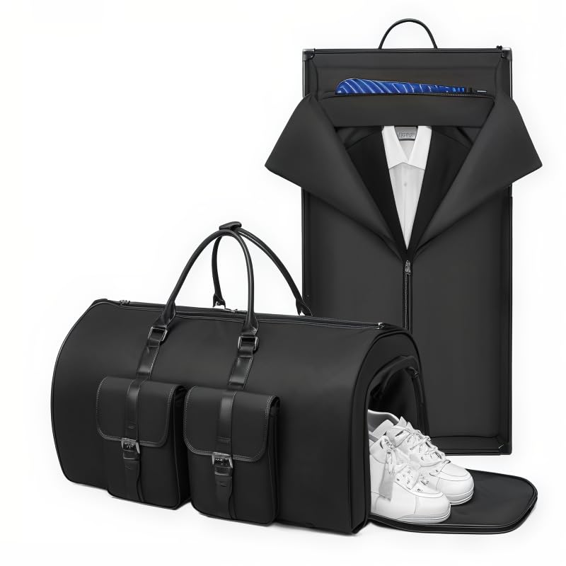 Snap on zipper suit suit travel bag carry on overnight bag waterproof leather duffel bag men and women convertible garment bag sports bag two-in-one hanging suitcase (Oxford canvas, black)