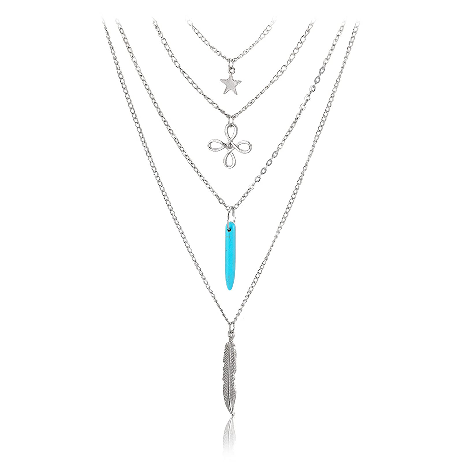 LovogueMoon Leaf Turquoise Necklace Boho Layered Hamsa Hand Pendant Necklace Crystal Hexagonal Necklace Crescent Leaf Turquoise Western Costume Jewelry for Women Girls