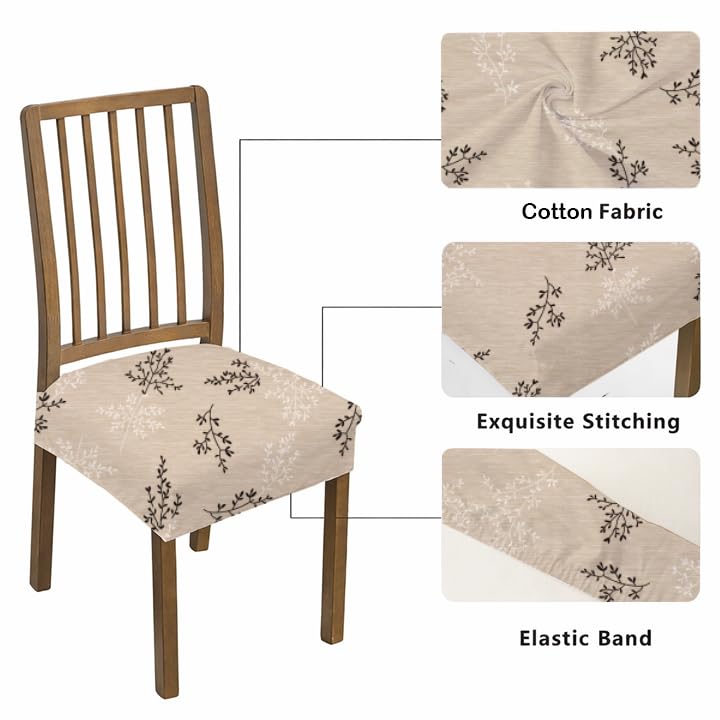 Image of Stretchable Dining Chair seat Cover Set of 6 Seater Elastic Washable Chair Protector for Dining Room, Office and Restaurant, Universal fit Printed Spandex Fabric-Beige Cream